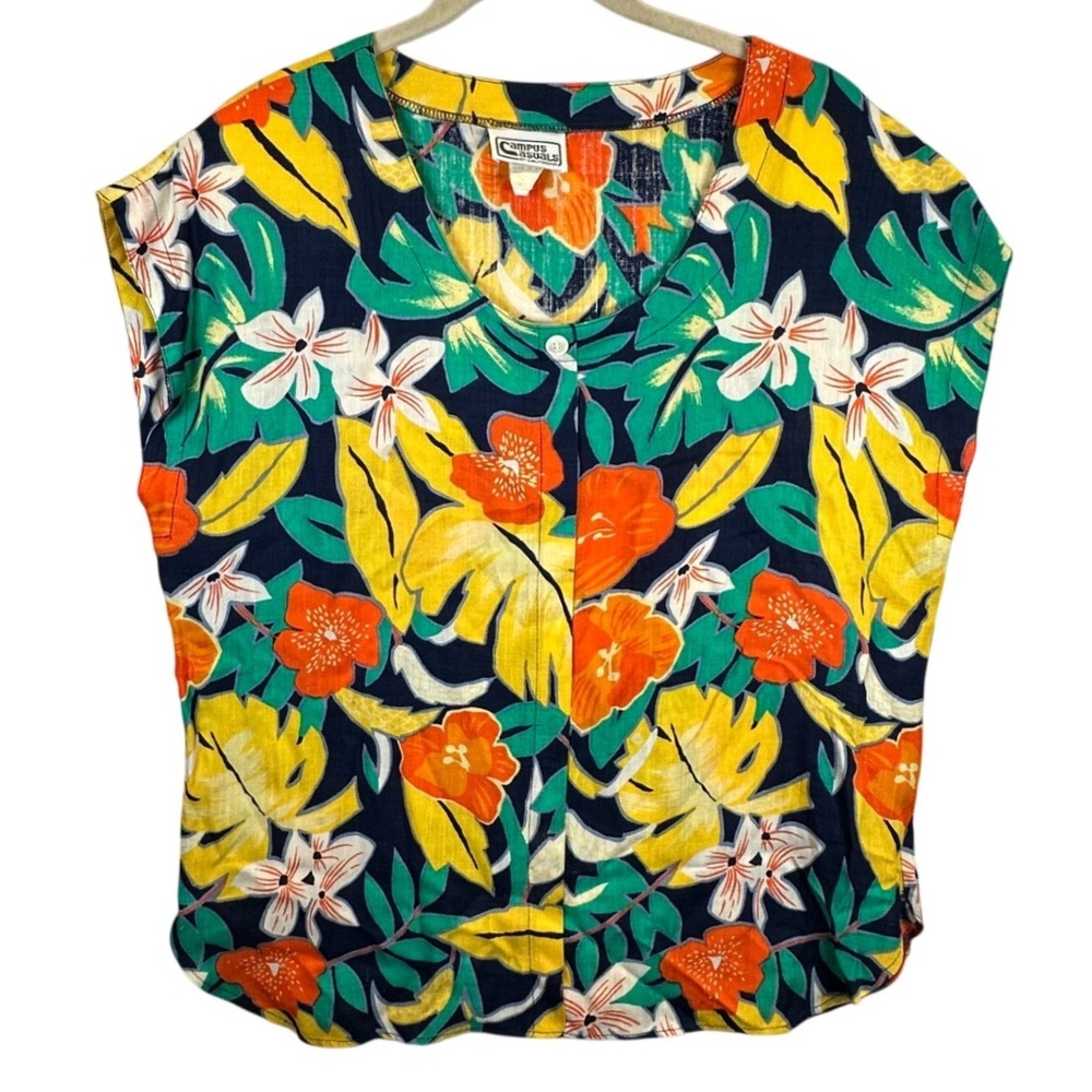 Campus Casuals Vintage 80s Floral Tropical Rayon Top Multi Color Size Medium